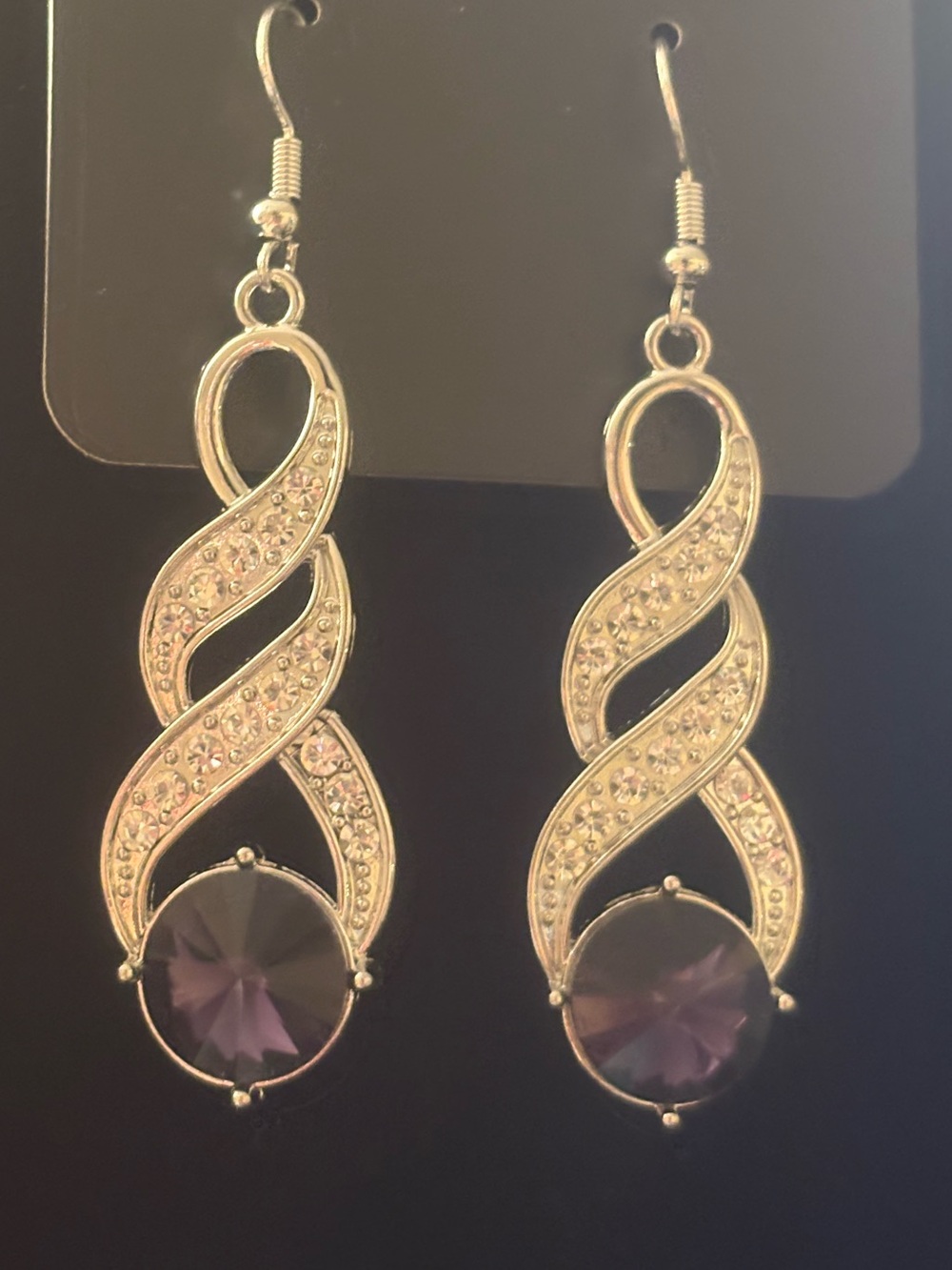 Silver-Tone Swirl Drop Earrings with Purple Crystal Accent